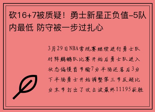 砍16+7被质疑!勇士新星正负值-5队内最低 防守被一步过扎心